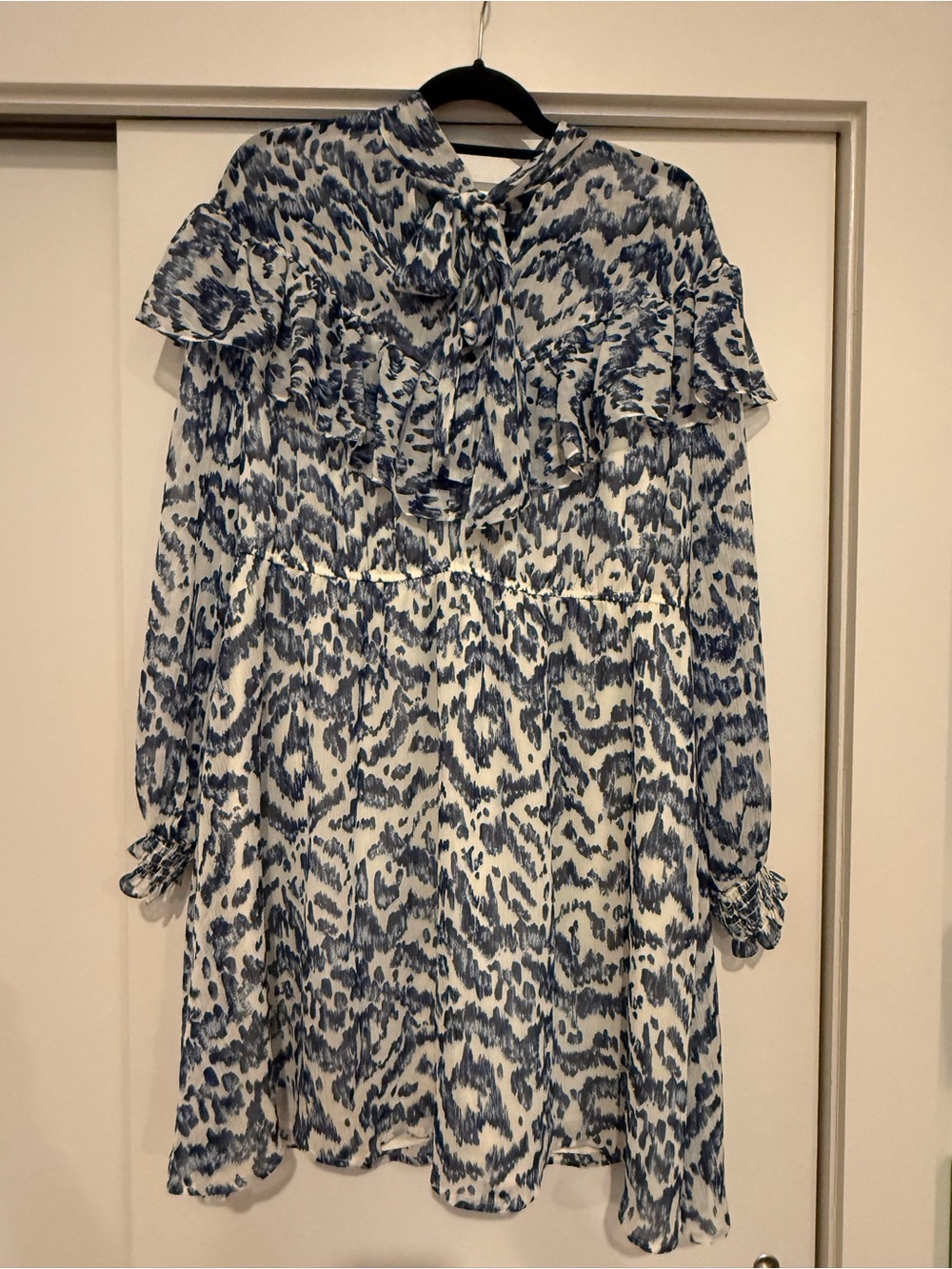 Eloquii Puff Sleeve Tie Neck Dress in Blue Animal Ikat print